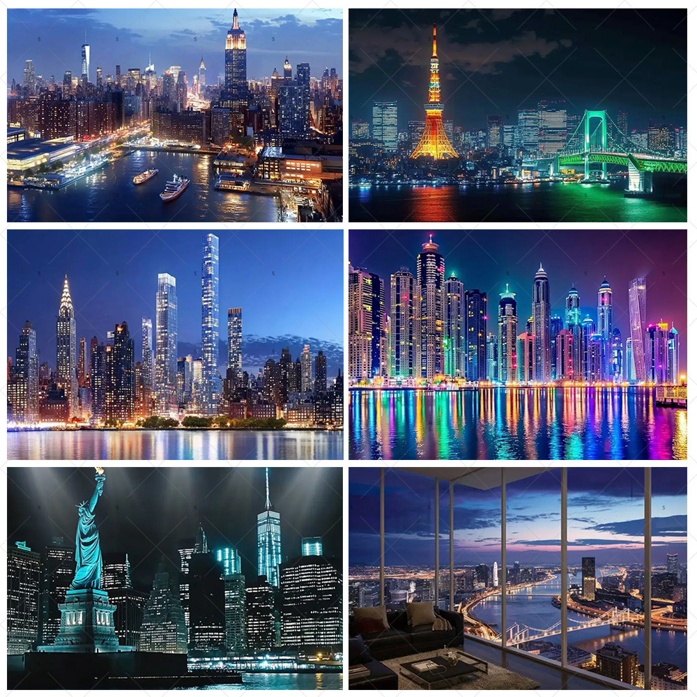 Photography Lighting Backdrop - 夜景高層ビル背景バナー ニューヨークシティ写真撮影背景用品 パーティーデコレーション写真撮影小道具