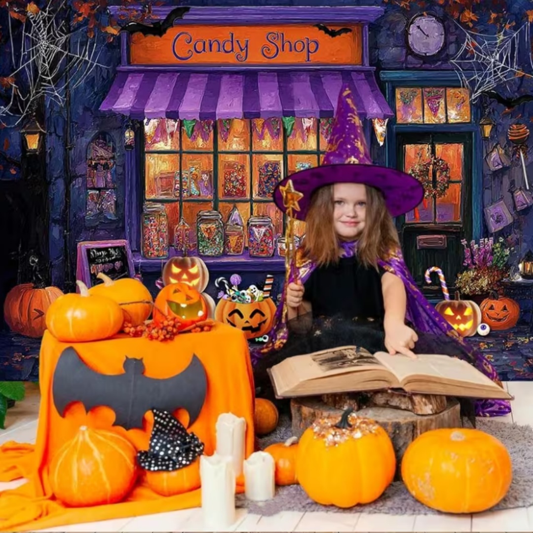 パープルハロウィンショップテーマパーティーデコレーション背景 - Photography Lighting Backdrop のレビューと価格