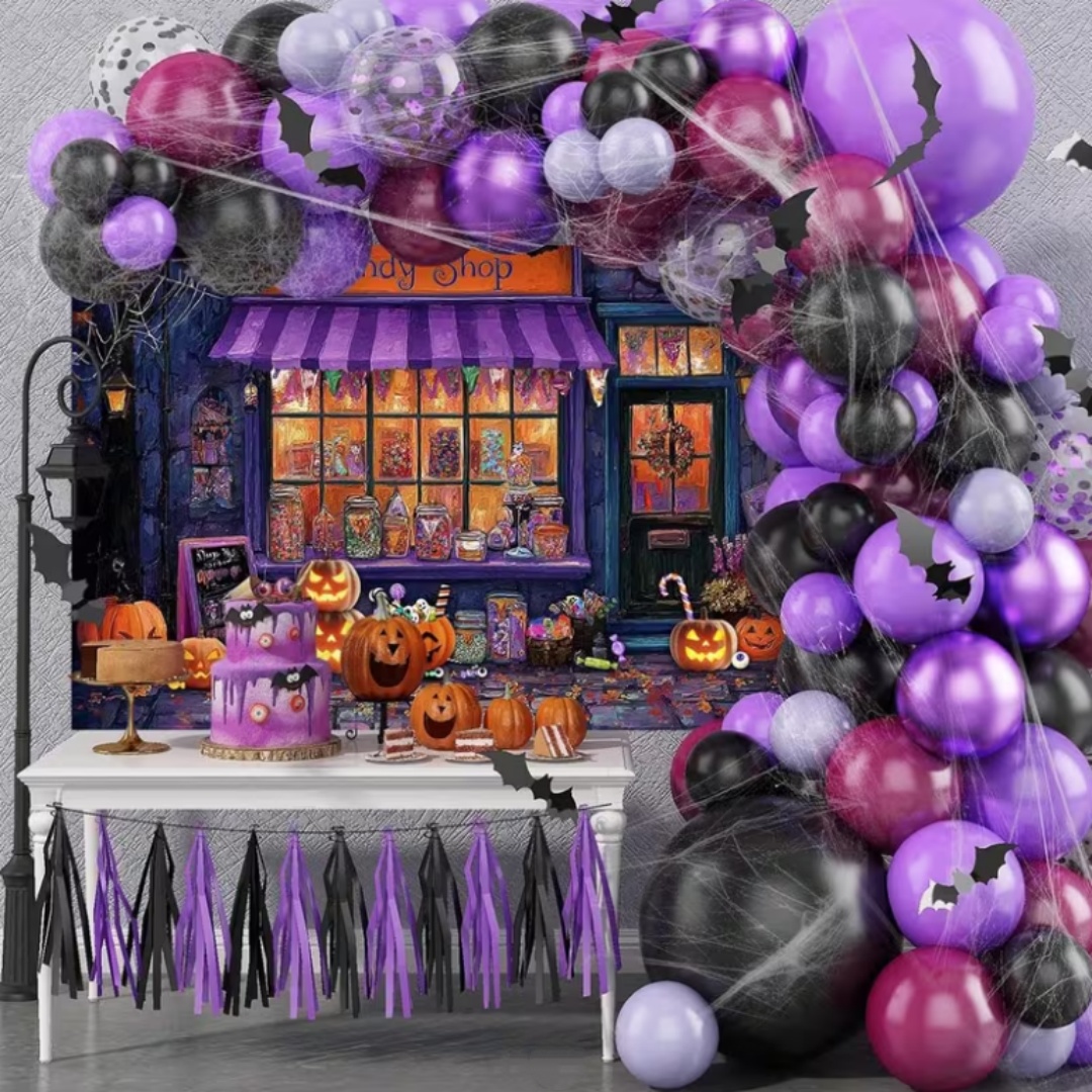 パープルハロウィンショップテーマパーティーデコレーション背景 - Photography Lighting Backdrop のレビューと価格