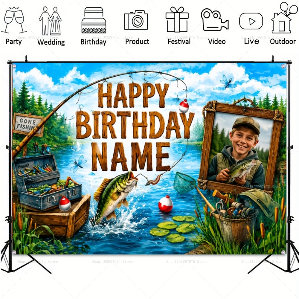 カスタム名写真釣りをテーマにした背景幕子供の誕生日「ゴーンフ - Photography Lighting Backdrop のレビューと価格